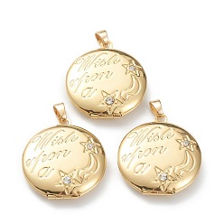 Real 18K Gold Plated Brass Micro Pave Clear Cubic Zirconia Locket Pendants, Photo Frame Pendants for Necklaces, Long-Lasting Plated, Flat Round with Moon and Star, Real 18K Gold Plated, 29.5x25.5x6mm, Hole: 4.5x3mm, 18.5mm Inner Diameter