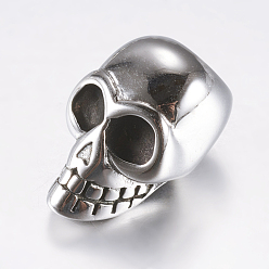 Antique Silver 316 Surgical Stainless Steel Cord End Caps, Skull, Antique Silver, 19x12.5x12.5mm, Hole: 6mm