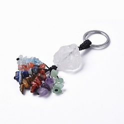 Quartz Crystal Natural Quartz Crystal Nugget with Mixed Gemstone Chips Tassel Keychains, with 304 Stainless Steel Ring Clasps, 9~10.5cm