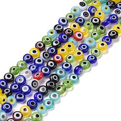 Mixed Color Handmade Lampwork Beads, Flat Round with Evil Eye, Mixed Color, 4.5x2.5mm, Hole: 0.6mm, about 90~100pcs/strand, 15.35''~15.75''(39~40cm)