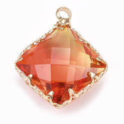 Colorful K9 Glass Pendants, Imitation Tourmaline, with Brass Findings, Faceted, Rhombus, Golden, Colorful, 19.5x16x7mm, Hole: 1.5mm