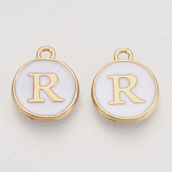 Letter R Golden Plated Enamel Alloy Charms, Enamelled Sequins, Flat Round, White, Letter.R, 14x12x2mm, Hole: 1.5mm, 100pcs/Box