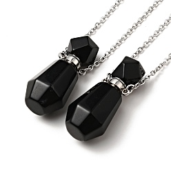 Obsidian Openable Faceted Natural Obsidian Perfume Bottle Pendant Necklaces for Women, 304 Stainless Steel Cable Chain Necklaces, Stainless Steel Color, 18.74 inch(47.6cm)