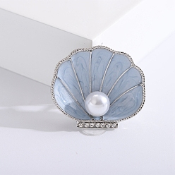 Acero Azul Claro Broches de esmalte de aleación, alfiler de perlas y diamantes de imitación de plástico, joyas para mujeres, cáscara, azul acero claro, 33x38 mm