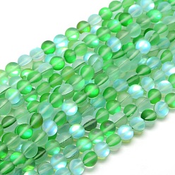 Vert Printanier Brins synthétiques de perles de lune, perles holographiques, demi couleur ab plaqué, givré, ronde, vert printanier, 8mm, Trou: 1mm, Environ 46 pcs/chapelet, 15 pouce