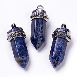 Sodalite Sodalite naturel gros pendentifs, avec accessoires en alliage plaqués argent antique, cône, 53x21x21mm, Trou: 5mm