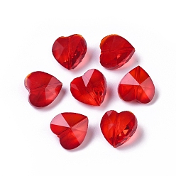 Rouge Des billes de verre transparentes, facette, cœur, rouge, 14x14x8~9mm, Trou: 1~1.2mm
