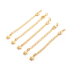 Real 14K Gold Plated Brass Chain Extender, with Curb Chains and Lobster Claw Clasps, Long-Lasting Plated, Star, Real 14K Gold Plated, 73x3mm, Clasp: 10x5.5x2.5mm, Jump Ring: 5x1mm, Inner Diameter: 3mm