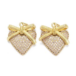 Real 18K Gold Plated Brass Micro Pave Cubic Zirconia Pendants, Long-Lasting Plated, Heart with Bowknot, Real 18k Gold Plated, 24.5x20.5x5mm, Hole: 3.4mm, Jump Ring: 5x0.8mm