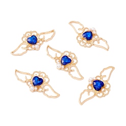 Sapphire Rack Plating Alloy Rhinestone Pendants, with Plastic Imitation Pearl, Wing with Heart, Sapphire, 19.5x41x4.5mm