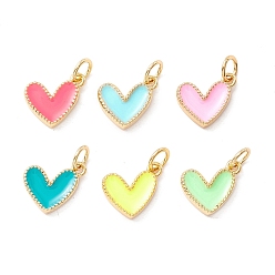 Mixed Color Rack Plating Brass Enamel Charms, with Jump Ring, Cadmium Free & Nickel Free & Lead Free, Real 18K Gold Long-Lasting Plated, Heart, Mixed Color, 9x7x2mm, Hole: 2.5mm