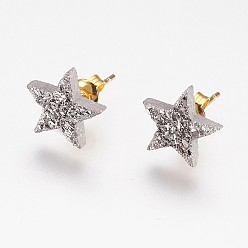 Platinum Plated Electroplate Natural Druzy Agate Stud Earrings, with Brass Findings, Star, Platinum Plated, 10x11x3mm, Pin: 0.8mm
