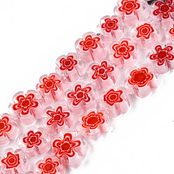 Red Handmade Millefiori Glass Bead Strands, Plum Bossom, Red, 9.5~12x9.5~12.5x4~4.5mm, Hole: 1.5mm, about 39pcs/strand, 15.94 inch~16.14 inch(40.5~41cm)