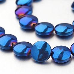 Plaqué Bleu Galvanoplastie non-magnétiques brins de perles d'hématite synthétique, plat rond, bleu plaqué, 10x3mm, Trou: 1mm, Environ 40 pcs/chapelet, 15.7 pouce