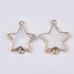 Seashell Color Freshwater Shell Links connectors, with Edge Golden Plated Iron Loops, Star, Seashell Color, 22~23x18~19x3mm, Hole: 1.8mm