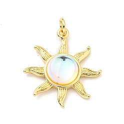 Real 18K Gold Plated Glass Pendants, with Brass Findings and Jump Ring, Cadmium Free & Lead Free, Sun, Real 18K Gold Plated, 22.5x20x5.5mm