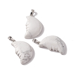 Howlite Natural Howlite Pendants, Moon Charm, with Platinum Tone Brass Findings, 37~38.5x22~23x7~8mm, Hole: 7.7x5mm