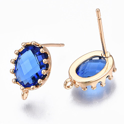Blue Brass Stud Earring Findings, with Glass and Loop, Long-Lasting Plated, Oval, Light Gold, Blue, 11.5x7.5mm, Hole: 1mm, Pin: 0.7mm
