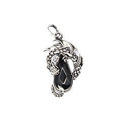 Obsidian Natural Obsidian Brass Pendants, Flying Dragon Charms with Faceted Teardrop Gems, Antique Silver, 38x22x6mm