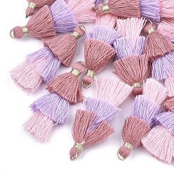 Colorful Polycotton(Polyester Cotton) Tassel Pendant Decorations, with Iron Findings, Golden, Colorful, 39~40x19~26x6~7mm, Hole: 4mm