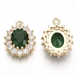 Sea Green Transparent Faceted Glass Pendants, with Clear Rhinestone and Golden Tone Brass Open Back Settings, Oval, Sea Green, 20x15x6mm, Hole: 1.4mm