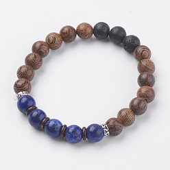 Lapis Lazuli Natural Lava Rock Beads Stretch Bracelets, with Wenge Wood Beads, Lapis Lazuli, Coconut and Alloy Finding, 2 inch(50~52mm)