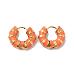 Coral Enamel Round Hoop Earrings, Real 14K Gold Plated 304 Stainless Steel Jewelry for Women, Coral, 18x21x6mm, Pin: 1mm
