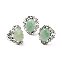 Green Aventurine Natural Green Aventurine Adjustable Rings, Platinum Tone Oval Brass Rings for Women, Cadmium Free & Lead Free, US Size 7 3/4(17.9mm), 3.5~5mm
