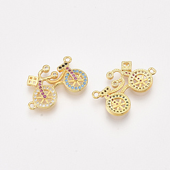 Golden Brass Micro Pave Cubic Zirconia Links, Bicycle/Bike, Colorful, Golden, 15x24x2.5mm, Hole: 1.4mm
