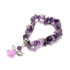 Amethyst Natural Amethyst Kids Bracelets, with Acrylic Bead and Antique Silver Alloy Findings, Lovely Wedding Dress Angel Dangle, 39mm
