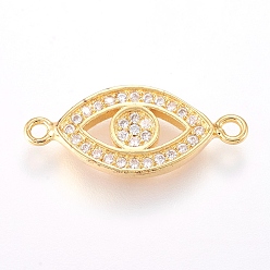 Real 18K Gold Plated Brass Micro Pave Cubic Zirconia Links, Clear, Real 18K Gold Plated, Evil Eye, 9.5x21x2mm, Hole: 1mm
