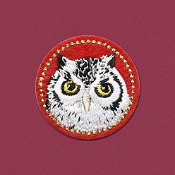 Crimson Flat Round with Owl Computerized Embroidery Cloth Iron on/Sew on Patches, Costume Accessories, Appliques, Crimson, 42mm
