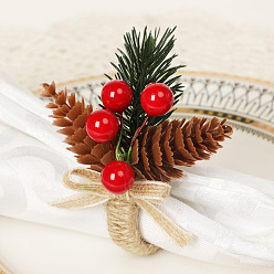 Saddle Brown Christmas Plastic Napkin Rings, Wrapped with Jute Twines, with Artificial Pine Cones, Saddle Brown, 45mm, Surface: 85x75mm, Inner Diameter: 35mm