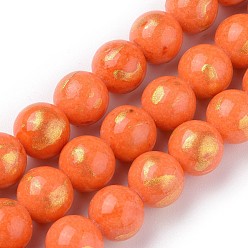 Coral Natural Jade Beads Strands, with Gold Foil, Dyed, Round, Coral, 8mm, Hole: 1mm, about 50pcs/strand, 15.75 inch(40cm)
