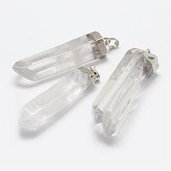 Silver Natural Quartz Crystal Pointed Pendants, with Brass Findings, Faceted, Polishing, Bullet, Silver Color Plated, 57~63x15~17x11.5~15mm, Hole: 5x8mm