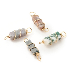 Indian Agate Natural Indian Agate Connector Charms, with Golden Tone Copper Wire Wrapped, Cuboid, 22~23.5x6~7x5.5~6mm, Hole: 2.5~3.2mm