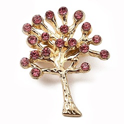 Light Gold Alloy Glass Rhinestone Tree Brooches, Brass Pin Jewelry, Light Gold, 30x23x8.5mm