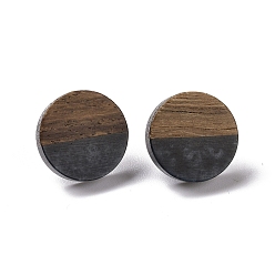 Black Resin & Walnut Wood Flat Round Stud Earrings with 304 Stainless Steel Pin for Women, Black, 15mm, Pin: 0.6mm