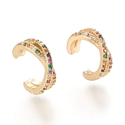 Real 18K Gold Plated Brass Micro Pave Cubic Zirconia Cuff Earrings, Colorful, Real 18K Gold Plated, 10x5mm