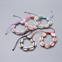 Mixed Color Natural Cowrie Shell Braided Beads Bracelets, with Korean Waxed Polyester Cord, Mixed Color, 2-1/4 inch~3-3/4 inch(5.8~9.5cm)