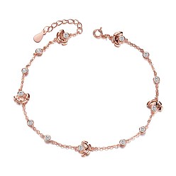 Or Rose Bracelets de cheville en argent sterling à zircon cubique 925 à la mode Shegrace, fleur et plat rond, or rose, 7-7/8 pouces (200 mm)