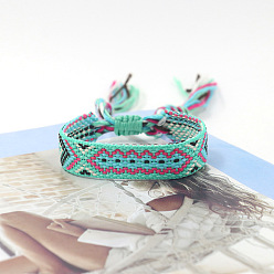 Aigue-marine Bracelet cordon polyester tressé motif losange, bracelet brésilien réglable ethnique tribal pour femme, aigue-marine, 5-7/8 pouce (15 cm)