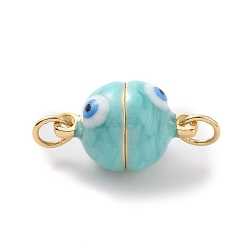 Medium Turquoise Brass Magnetic Clasps, with Enamel, Round with Evil Eye, Real 18K Gold Plated, Medium Turquoise, 16x10mm, Hole: 3mm