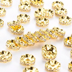 Golden Brass Middle East Rhinestone Spacer Beads, Golden, Nickel Free, about 10mm in diameter, 4mm thick, hole: 2mm