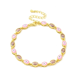 Pearl Pink Enamel Evil Eye & Glass Oval Link Chain Bracelet, Golden Brass Jewelry for Women, Pearl Pink, 7-1/4 inch(18.3cm)