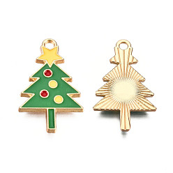 Verde Tema de la Navidad, Colgantes de la aleación del esmalte, la luz de oro, árbol de Navidad, verde, 25x15.5x1.5 mm, agujero: 2 mm