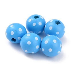 Deep Sky Blue Dyed Natural Wooden Beads, Macrame Beads Large Hole, Round with Polka Dot, Deep Sky Blue, 16x15mm, Hole: 4mm