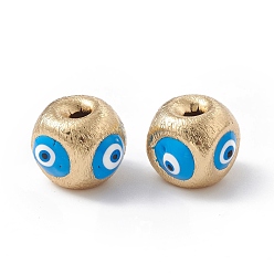 Deep Sky Blue Brass Beads, with Enamel, Real 18K Gold Plated, Cube with Evil Eye, Deep Sky Blue, 10.5x11.5x11mm, Hole: 2.5mm
