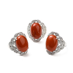 Piedra Roja Anillos ajustables de jaspe rojo natural, anillos ovalados de latón en tono platino para mujer, sin plomo y cadmio, tamaño de EE. UU. 7 3/4 (17.9 mm), 3.5~5 mm