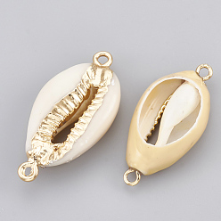 Golden Electroplate Cowrie Shell Links connectors, with Iron Findings, Golden, 28~30x14~16x7.5mm, Hole: 1.5mm